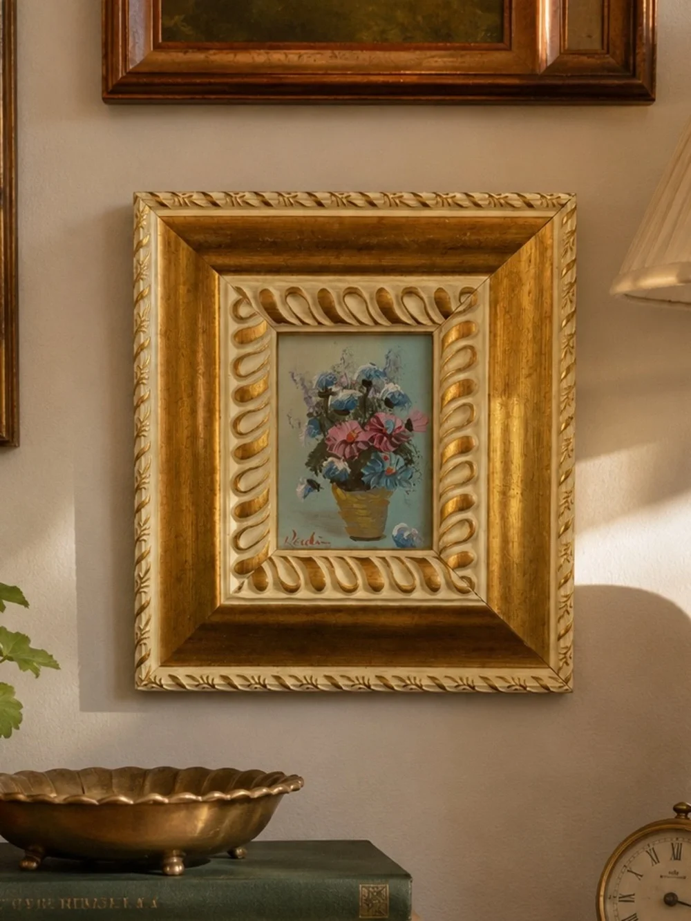 Vintage Signed Miniature Floral Oil Painting in Ornate Gilt Frame